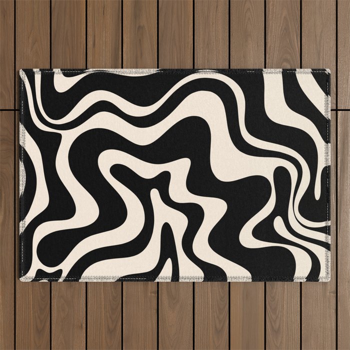 Retro Liquid Swirl Abstract In Black And Almond Cream  Outdoor Rug
