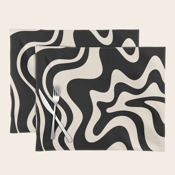 Retro Liquid Swirl Abstract In Black And Almond Cream  Placemat