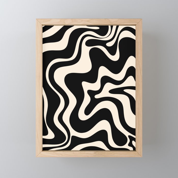 Retro Liquid Swirl Abstract In Black And Almond Cream  Mini Art Print