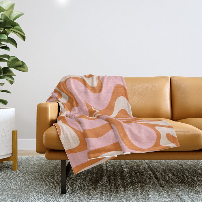 Liquid Swirl Retro Abstract Pattern In Orange Pink Cream Throw Blanket