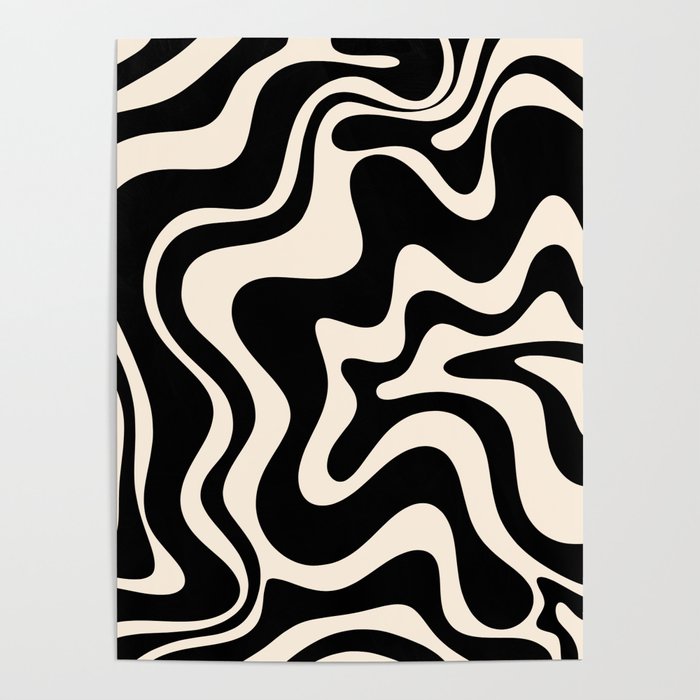 Retro Liquid Swirl Abstract In Black And Almond Cream  Poster