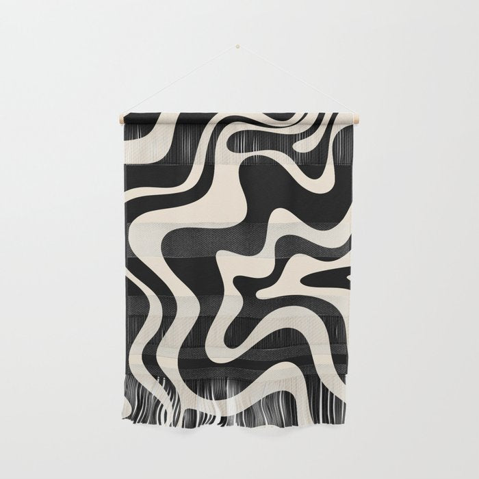 Retro Liquid Swirl Abstract In Black And Almond Cream  Wall Hanging