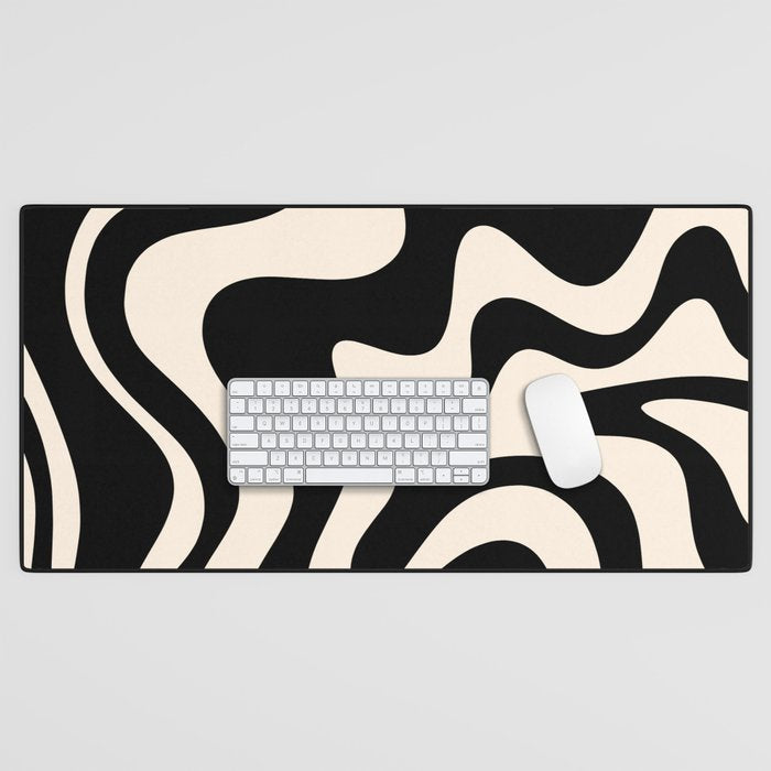 Retro Liquid Swirl Abstract In Black And Almond Cream  Desk Mat