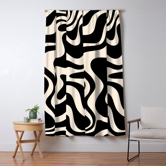 Retro Liquid Swirl Abstract In Black And Almond Cream  Window Curtain