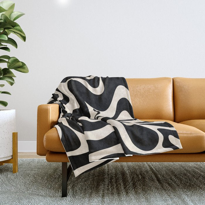 Retro Liquid Swirl Abstract In Black And Almond Cream  Throw Blanket