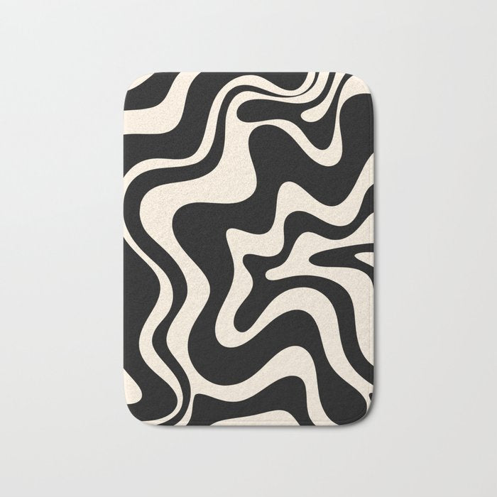 Retro Liquid Swirl Abstract In Black And Almond Cream  Bath Mat