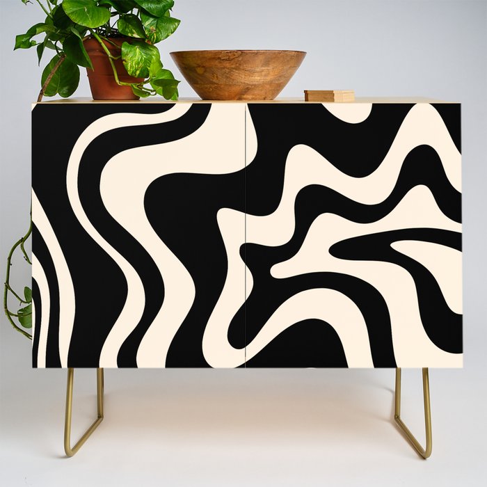 Retro Liquid Swirl Abstract In Black And Almond Cream  Credenza