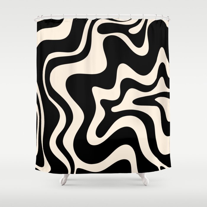 Retro Liquid Swirl Abstract In Black And Almond Cream  Shower Curtain