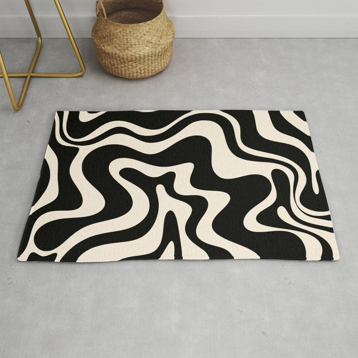 Retro Liquid Swirl Abstract In Black And Almond Cream  Rug