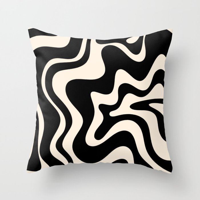 Retro Liquid Swirl Abstract In Black And Almond Cream  Throw Pillow