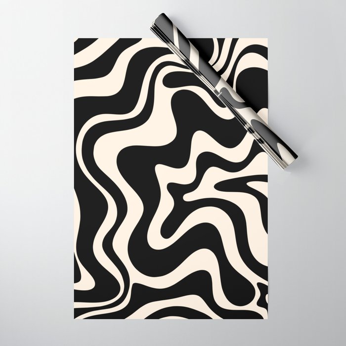 Retro Liquid Swirl Abstract In Black And Almond Cream  Wrapping Paper