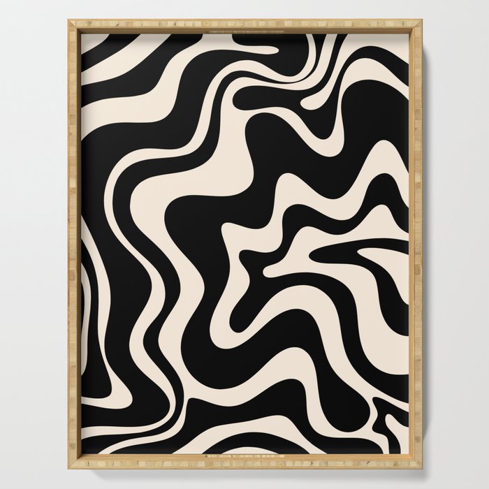 Retro Liquid Swirl Abstract In Black And Almond Cream  Serving Tray