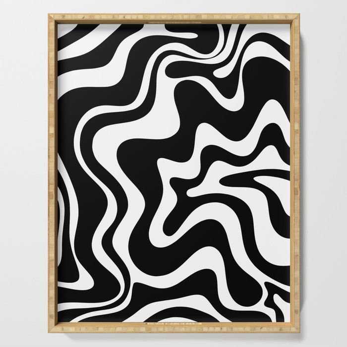 Liquid Swirl Abstract Pattern In Black And White Serving Tray
