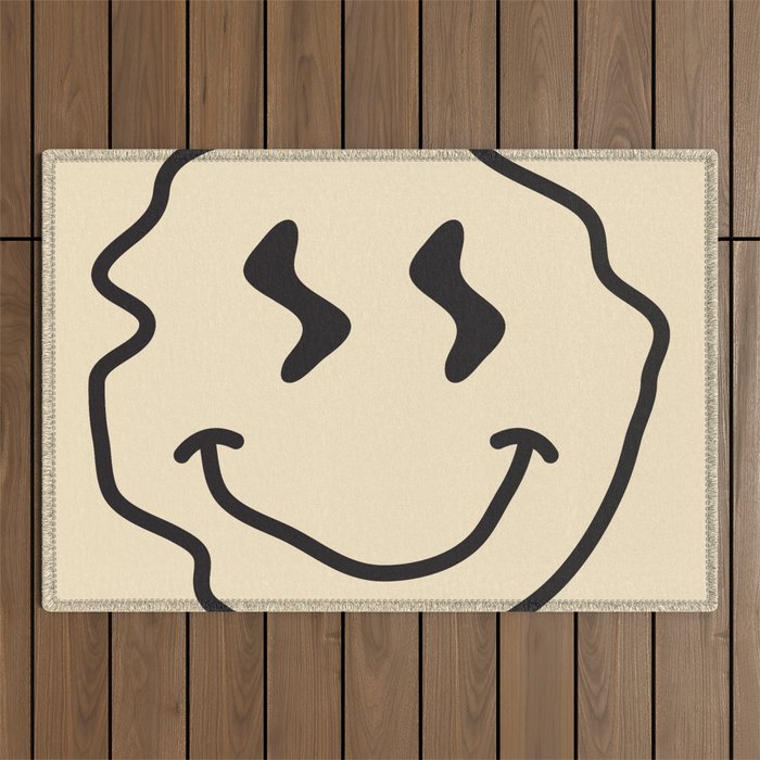 Wonky Smiley Face - Black And Cream Outdoor Rug