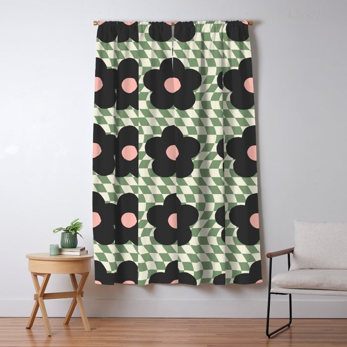 A Single Flower (Checked & Warped Bg) Window Curtain