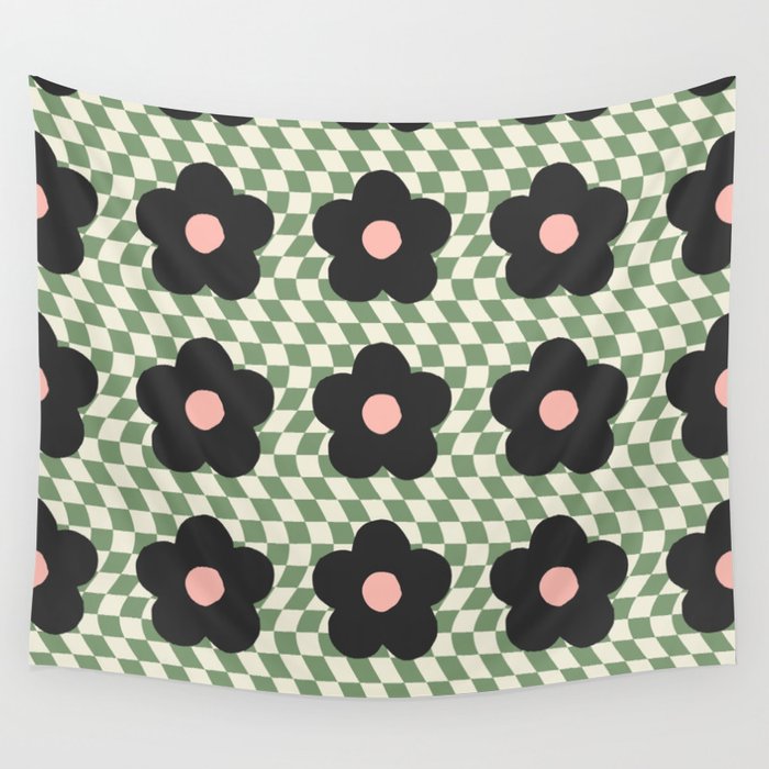A Single Flower (Checked & Warped Bg) Wall Tapestry