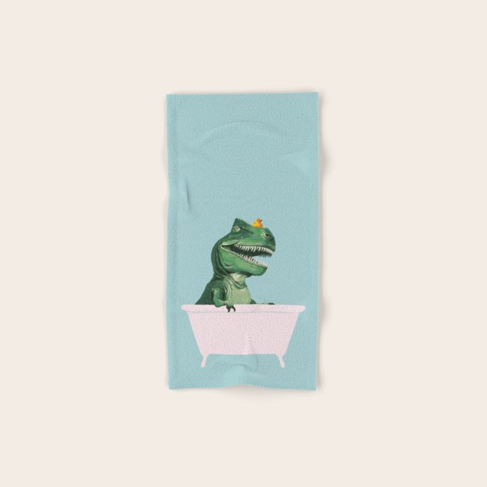 Playful T-Rex In Bathtub In Green Bath Towel