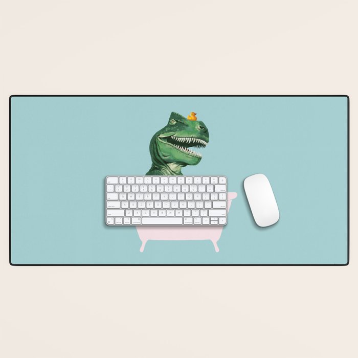 Playful T-Rex In Bathtub In Green Desk Mat