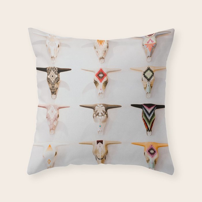 Bull Skulls - Mexican Folk Art Throw Pillow