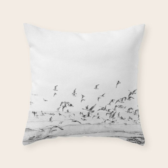 "Seagulls" | Coastal Black And White Photo | Film Photography | Beach Throw Pillow