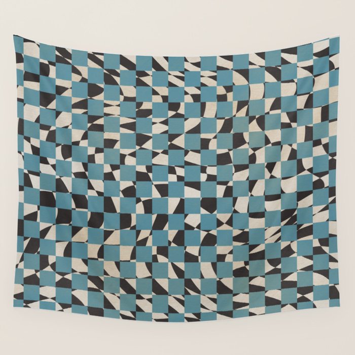 Abstract Checked Blue And Black Wall Tapestry