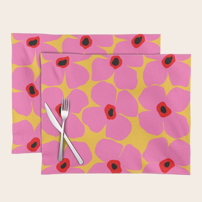 Abstract Pink Flowers With Yellow Background Placemat
