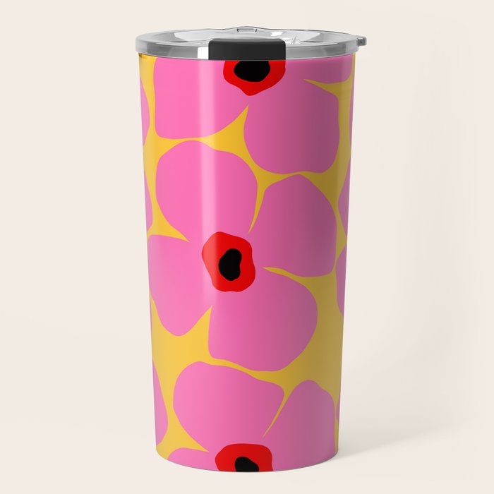 Abstract Pink Flowers With Yellow Background Travel Mug