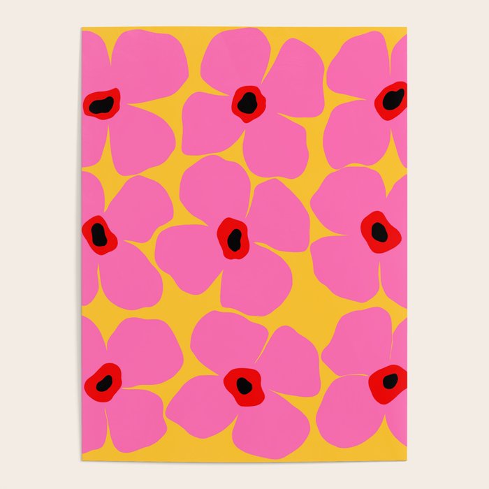 Abstract Pink Flowers With Yellow Background Poster