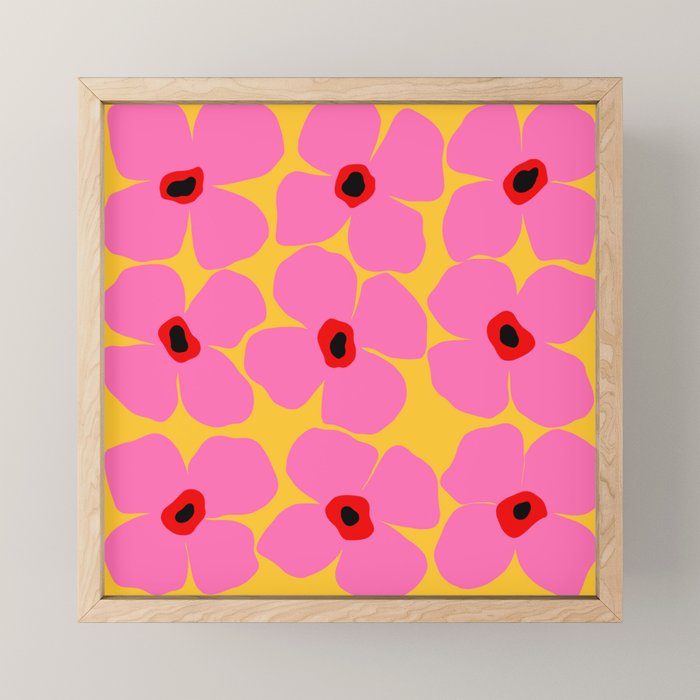 Abstract Pink Flowers With Yellow Background Mini Art Print