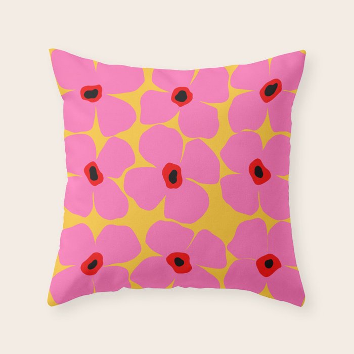 Abstract Pink Flowers With Yellow Background Throw Pillow