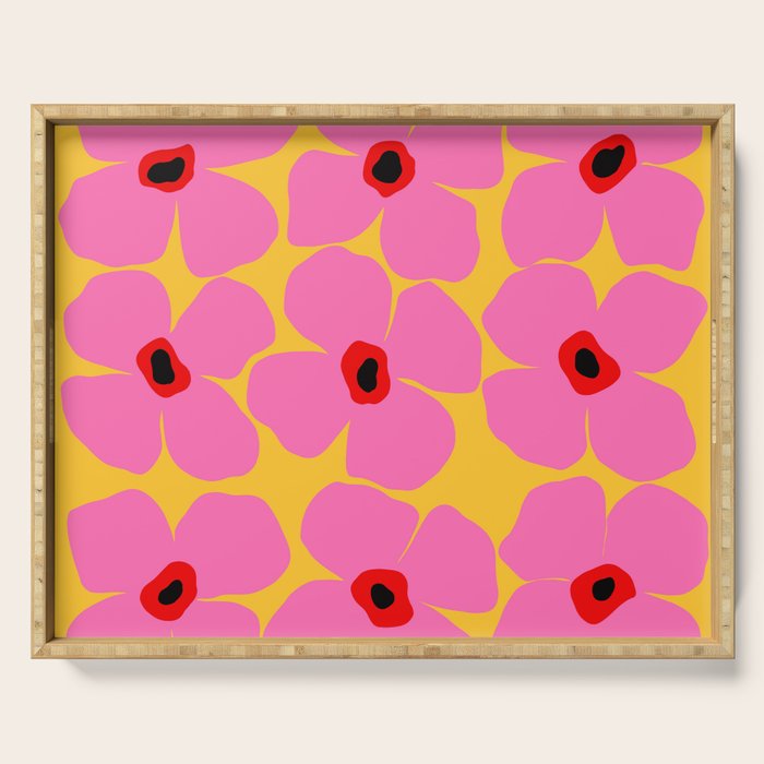Abstract Pink Flowers With Yellow Background Serving Tray