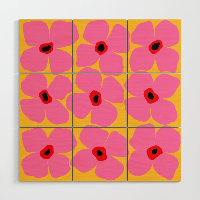 Abstract Pink Flowers With Yellow Background Wood Wall Art