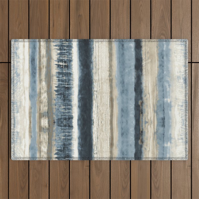 Distressed Blue And White Watercolor Stripe Outdoor Rug
