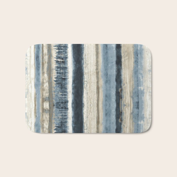 Distressed Blue And White Watercolor Stripe Bath Mat