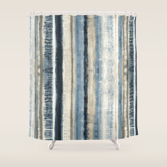 Distressed Blue And White Watercolor Stripe Shower Curtain