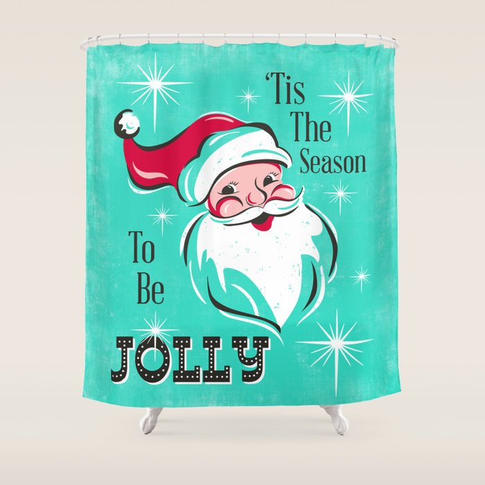 'Tis The Season - Retro Santa Aqua Colorful Shower Curtain