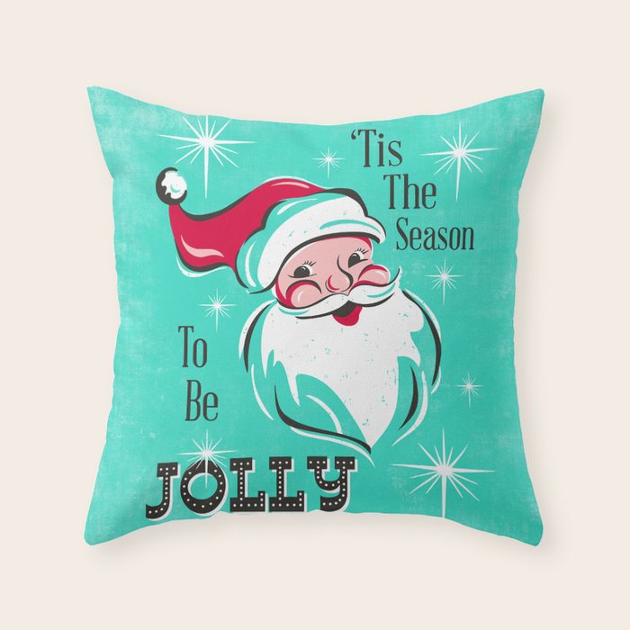 'Tis The Season - Retro Santa Aqua Colorful Throw Pillow