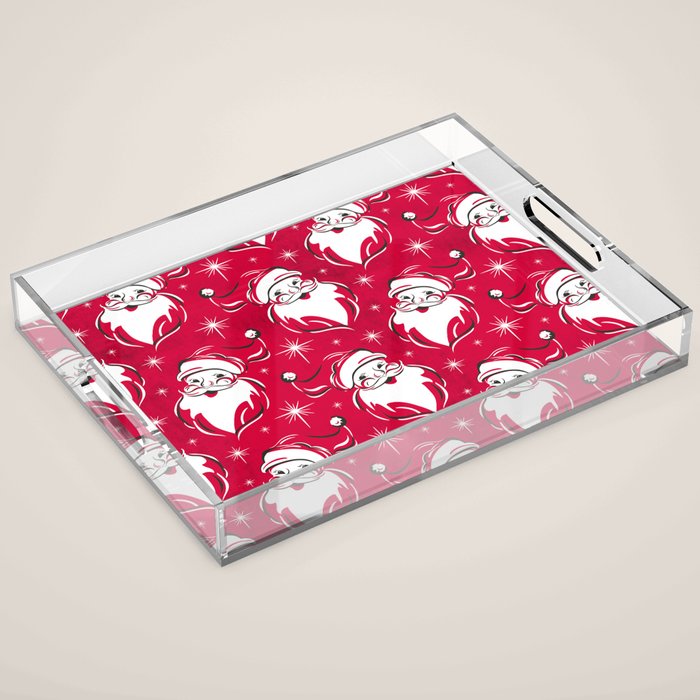 'Tis The Season Retro Santa Red White Pattern Acrylic Tray