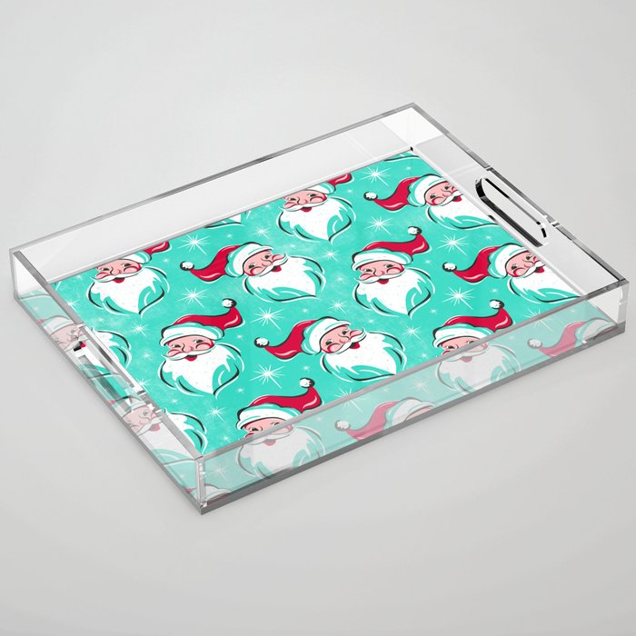 'Tis The Season Retro Santa Aqua Multi Pattern Acrylic Tray