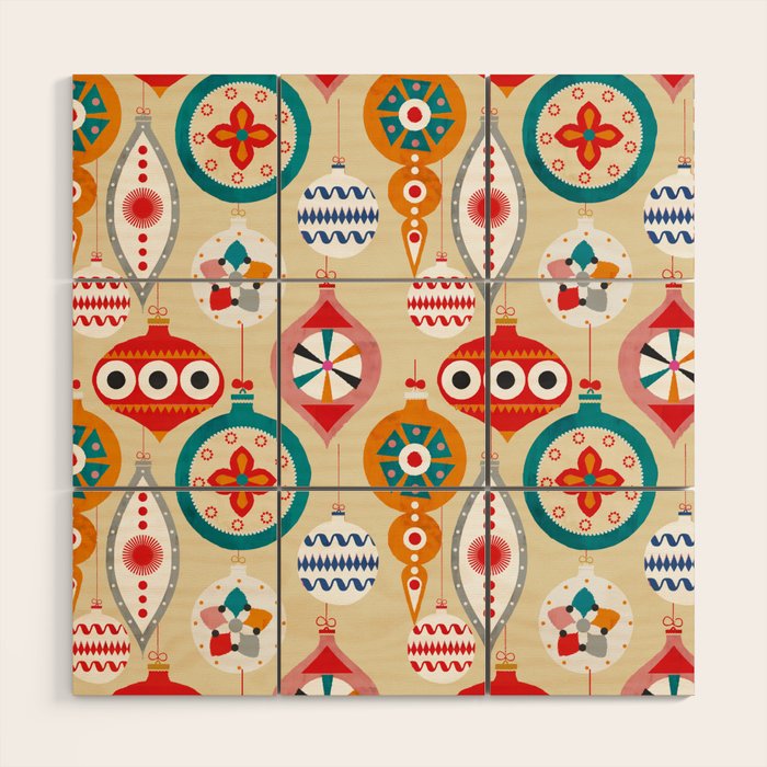 Retro Christmas Ornaments Pattern Wood Wall Art