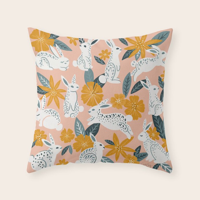 Bunnies & Blooms - Teal & Blush Throw Pillow