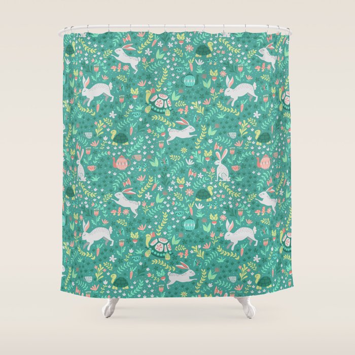 Spring Pattern Of Bunnies With Turtles Shower Curtain