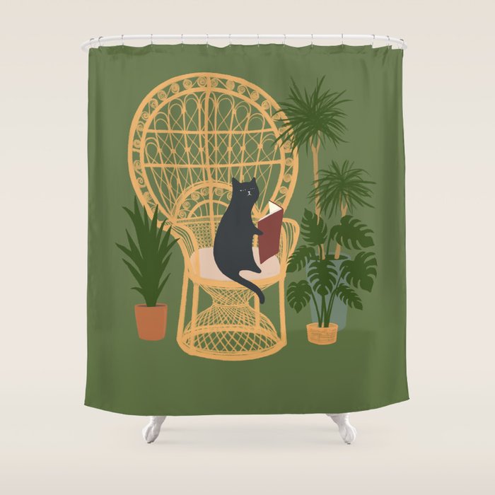Hidden Cat 51 Private Forest Reading Area Rattan Chair Shower Curtain