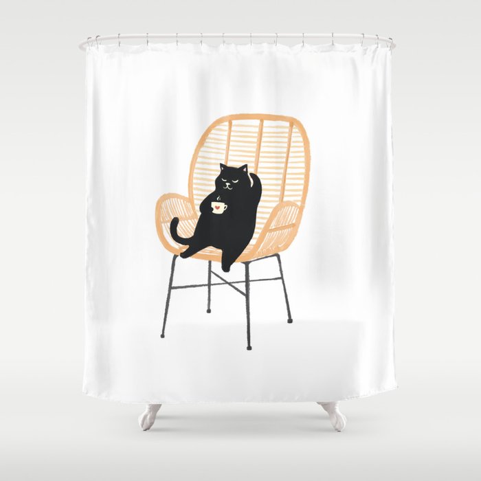 Lazy Cat 2 Enjoying Coffee On Rattan Chair  Shower Curtain