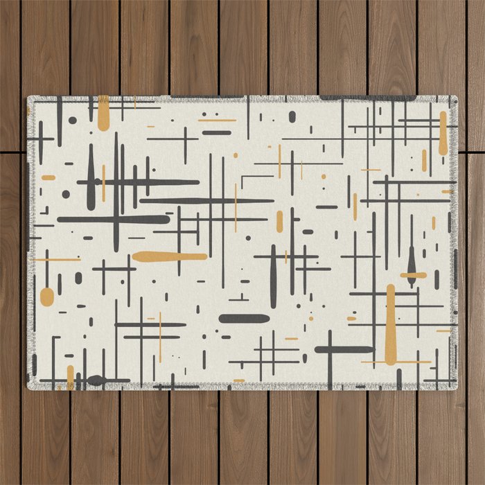 Mid-Century Modern Kinetikos Pattern In Charcoal Gray, Muted Mustard Gold, And Cream Outdoor Rug