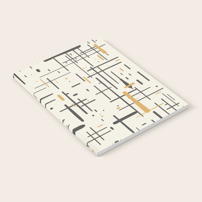 Mid-Century Modern Kinetikos Pattern In Charcoal Gray, Muted Mustard Gold, And Cream Notebook