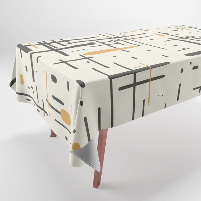 Mid-Century Modern Kinetikos Pattern In Charcoal Gray, Muted Mustard Gold, And Cream Tablecloth