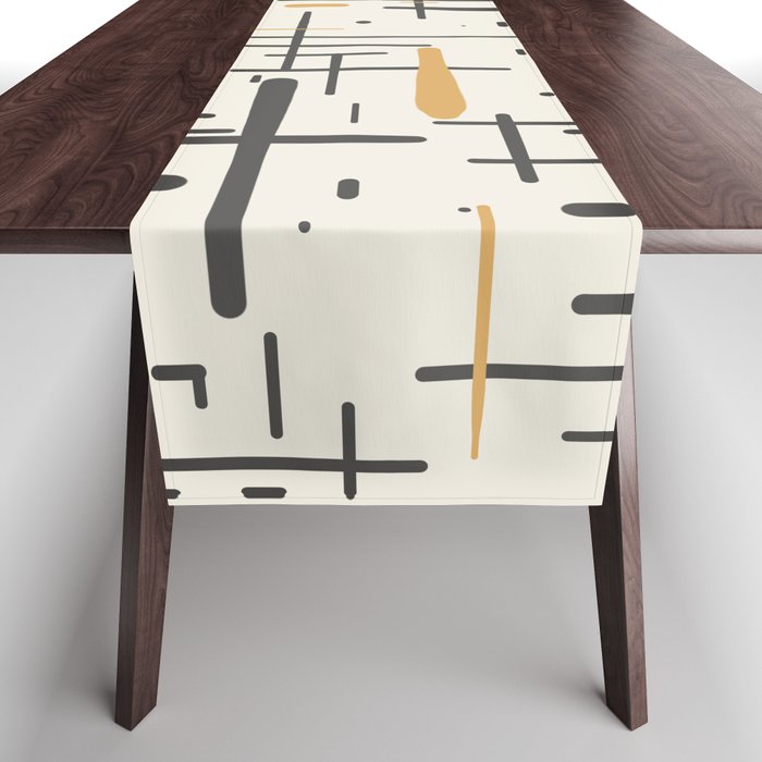 Mid-Century Modern Kinetikos Pattern In Charcoal Gray, Muted Mustard Gold, And Cream Table Runner