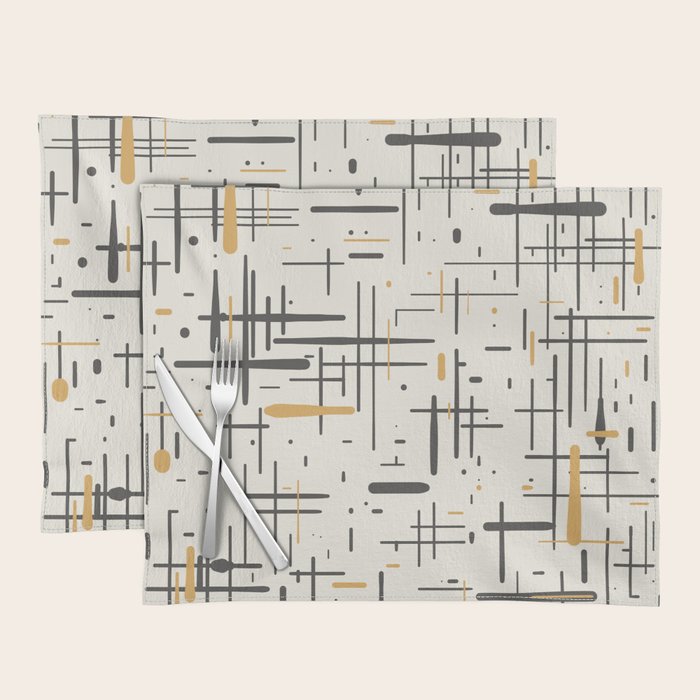 Mid-Century Modern Kinetikos Pattern In Charcoal Gray, Muted Mustard Gold, And Cream Placemat