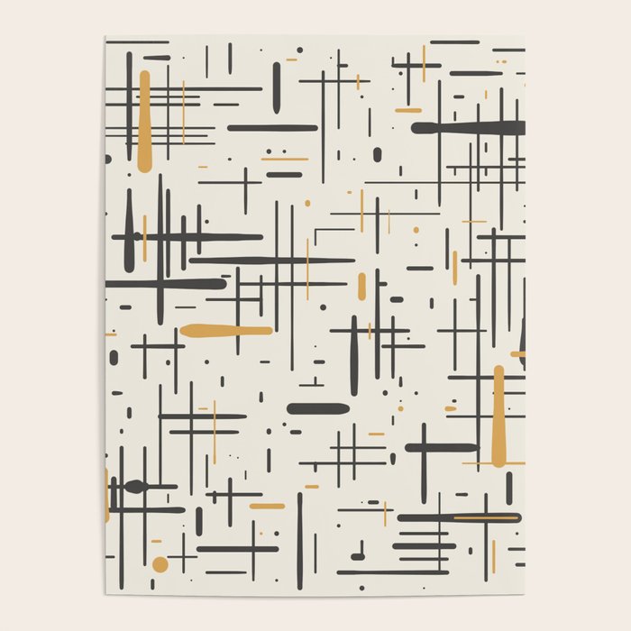 Mid-Century Modern Kinetikos Pattern In Charcoal Gray, Muted Mustard Gold, And Cream Poster